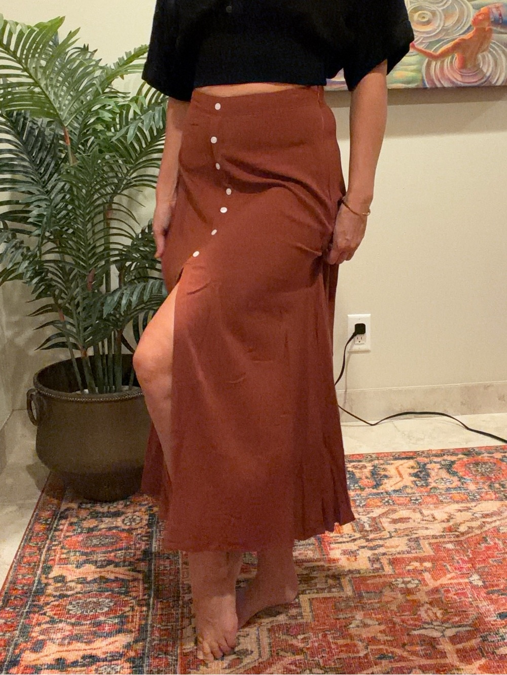 High-Rise Rust Maxi Skirt with Front Buttons